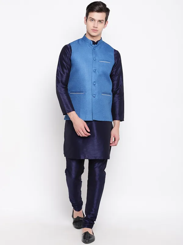 Navy_Blue_Banarasi_Dupion_Kurta_With_Churidar_And_Jute_Waistcoat_Set_For_Men