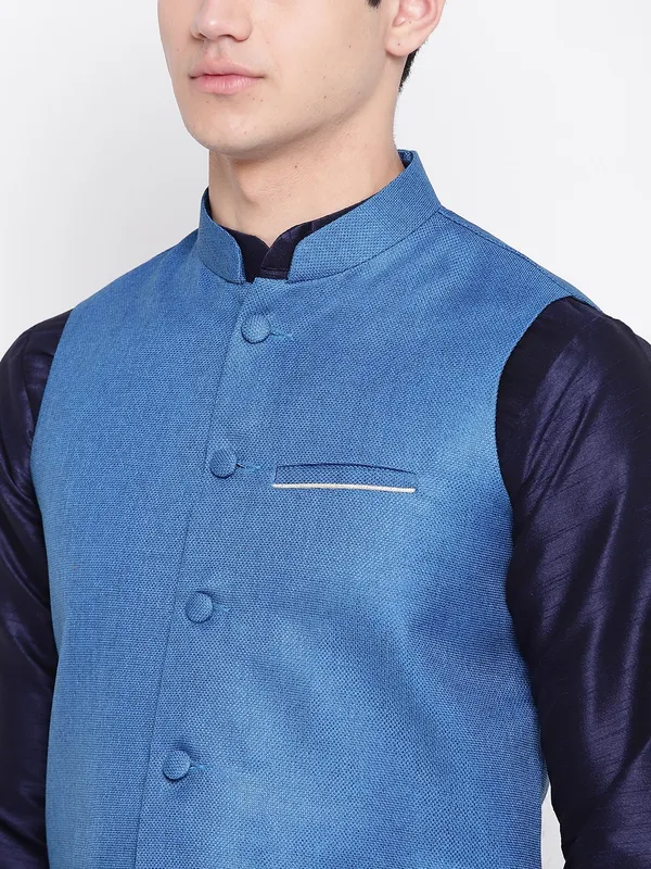 Navy_Blue_Banarasi_Dupion_Kurta_With_Churidar_And_Jute_Waistcoat_Set_For_Men