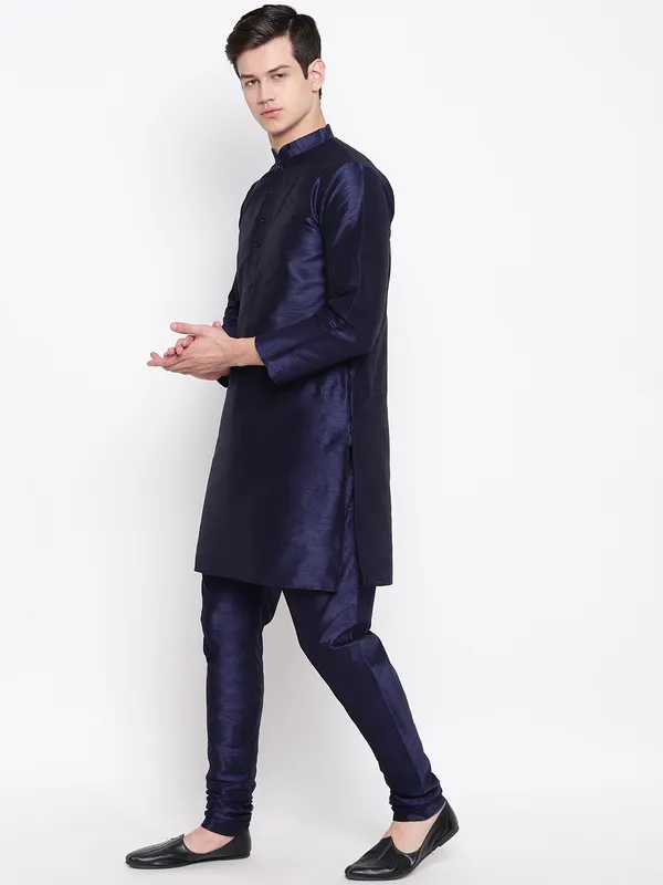 Navy_Blue_Banarasi_Dupion_Kurta_With_Churidar_And_Jute_Waistcoat_Set_For_Men