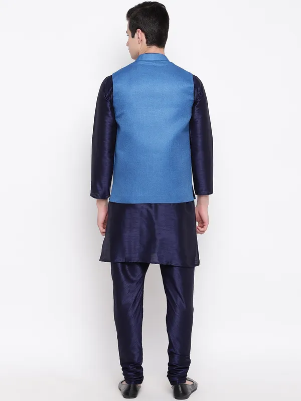 Navy_Blue_Banarasi_Dupion_Kurta_With_Churidar_And_Jute_Waistcoat_Set_For_Men