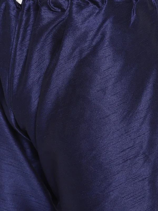 Navy_Blue_Banarasi_Dupion_Kurta_With_Churidar_And_Jute_Waistcoat_Set_For_Men