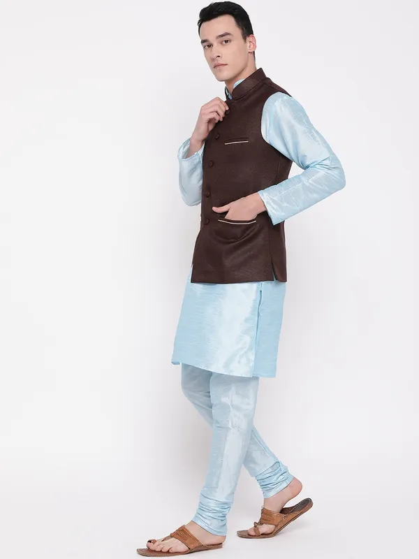 Sky_Blue_Banarasi_Dupion_Kurta_With_Churidar_And_Jute_Waistcoat_Set_For_Men