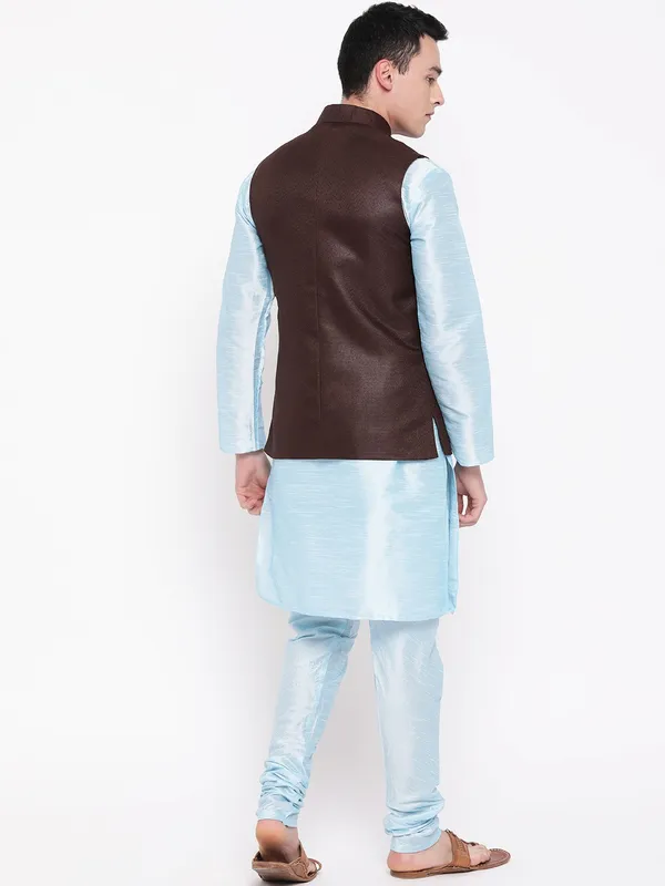 Sky_Blue_Banarasi_Dupion_Kurta_With_Churidar_And_Jute_Waistcoat_Set_For_Men