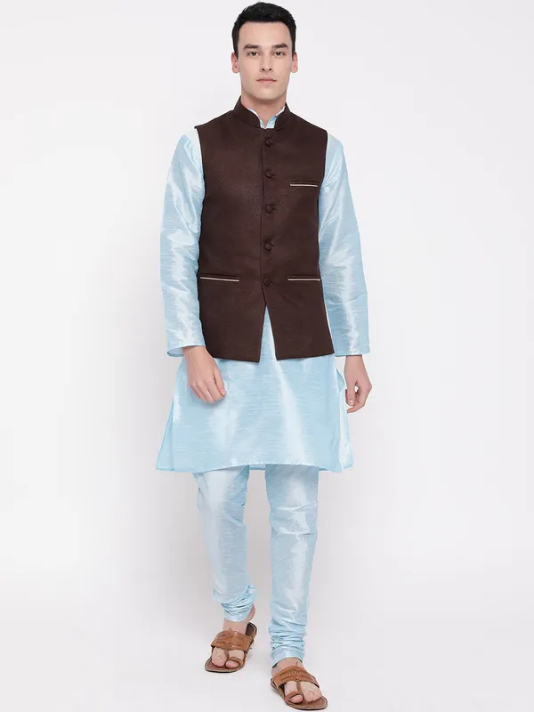 Sky_Blue_Banarasi_Dupion_Kurta_With_Churidar_And_Jute_Waistcoat_Set_For_Men