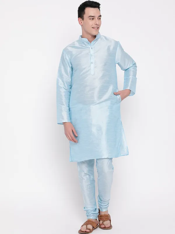 Sky_Blue_Banarasi_Dupion_Kurta_With_Churidar_And_Jute_Waistcoat_Set_For_Men