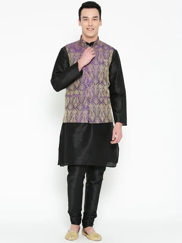 Black_Banarasi_Dupion_Kurta_With_Churidar_And_Waistcoat_Set_For_Men