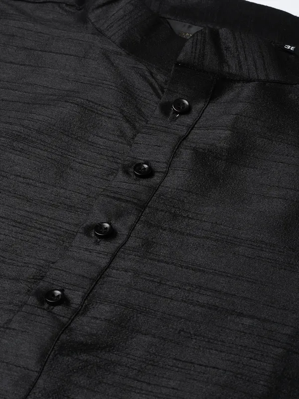 Black_Banarasi_Dupion_Kurta_With_Churidar_And_Waistcoat_Set_For_Men