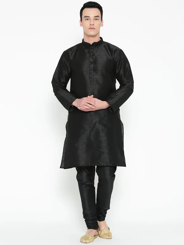 Black_Banarasi_Dupion_Kurta_With_Churidar_And_Waistcoat_Set_For_Men