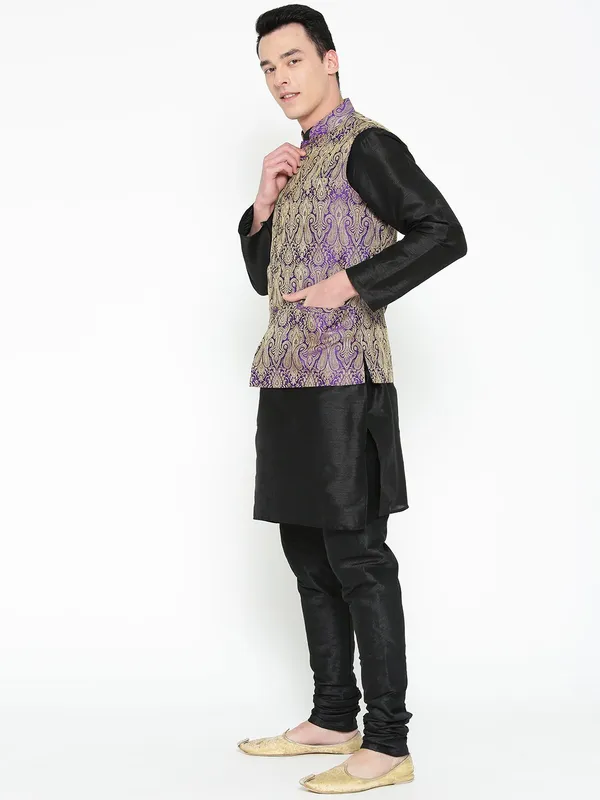 Black_Banarasi_Dupion_Kurta_With_Churidar_And_Waistcoat_Set_For_Men