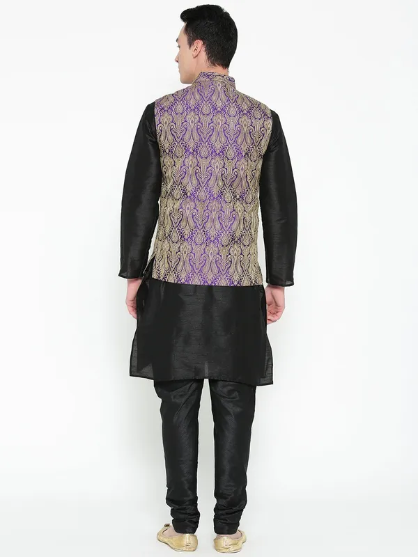 Black_Banarasi_Dupion_Kurta_With_Churidar_And_Waistcoat_Set_For_Men