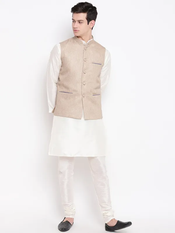 Cream_Banarasi_Dupion_Kurta_With_Churidar_And_Jute_Waistcoat_Set_For_Men