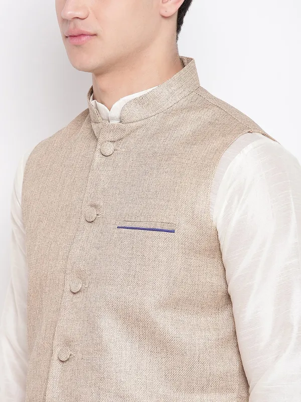 Cream_Banarasi_Dupion_Kurta_With_Churidar_And_Jute_Waistcoat_Set_For_Men