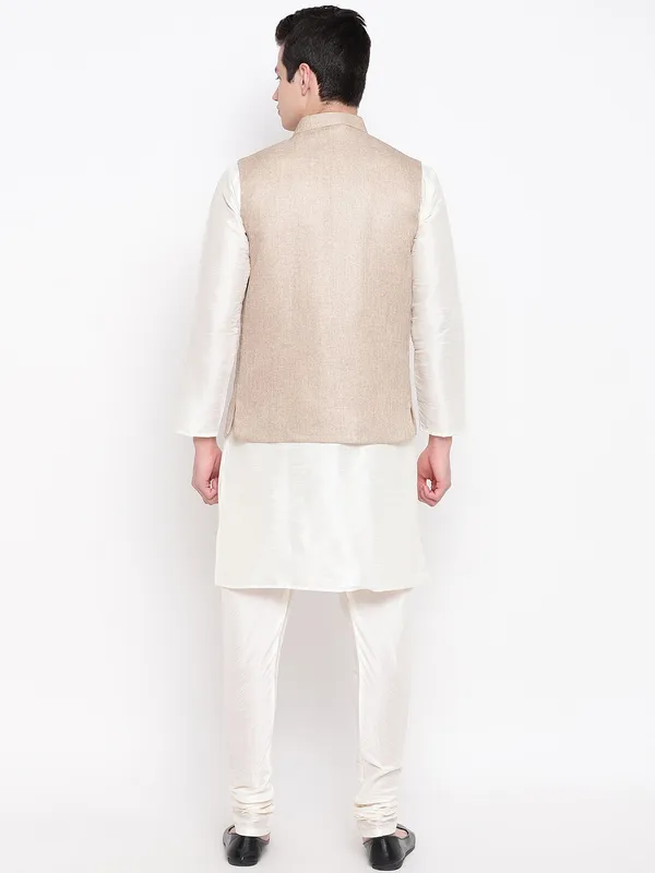 Cream_Banarasi_Dupion_Kurta_With_Churidar_And_Jute_Waistcoat_Set_For_Men