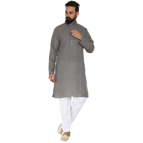 Grey_Cotton_Kurta_With_Pyjama_Set_For_Men