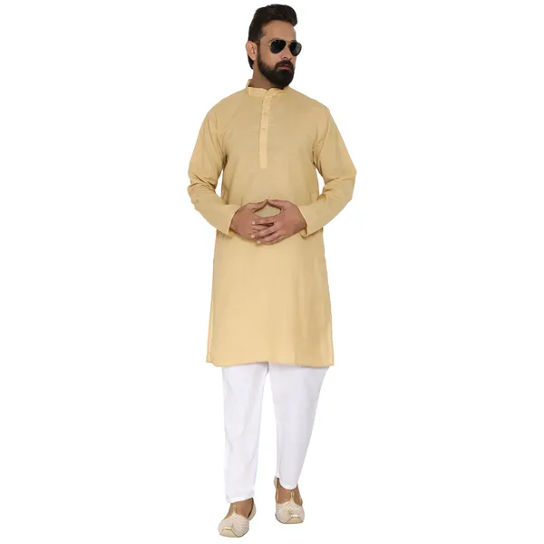 Gold_Cotton_Kurta_With_Pyjama_Set_For_Men