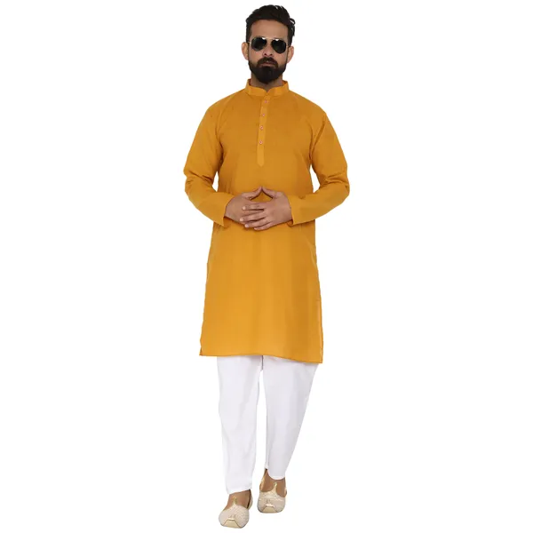 Mustard_Cotton_Kurta_With_Pyjama_Set_For_Men