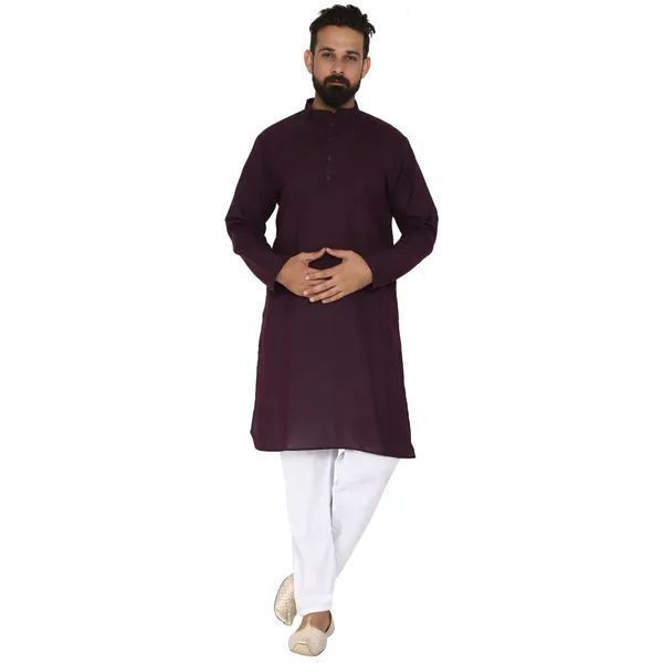 Wine_Cotton_Kurta_With_Pyjama_Set_For_Men