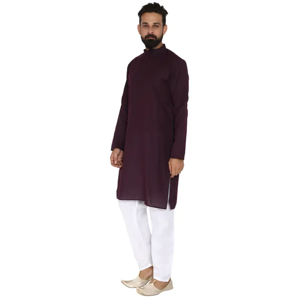 Wine_Cotton_Kurta_With_Pyjama_Set_For_Men