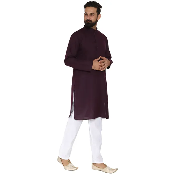 Wine_Cotton_Kurta_With_Pyjama_Set_For_Men