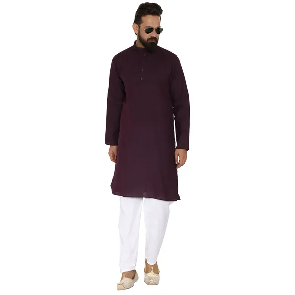 Wine_Cotton_Kurta_With_Pyjama_Set_For_Men