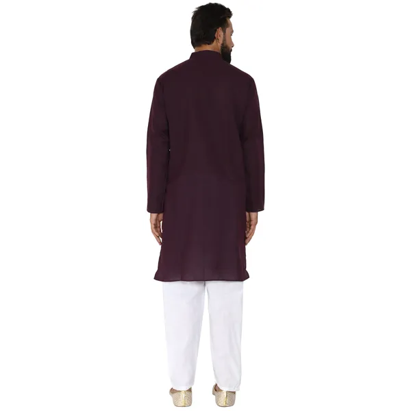 Wine_Cotton_Kurta_With_Pyjama_Set_For_Men