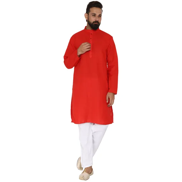 Red_Cotton_Kurta_With_Pyjama_Set_For_Men