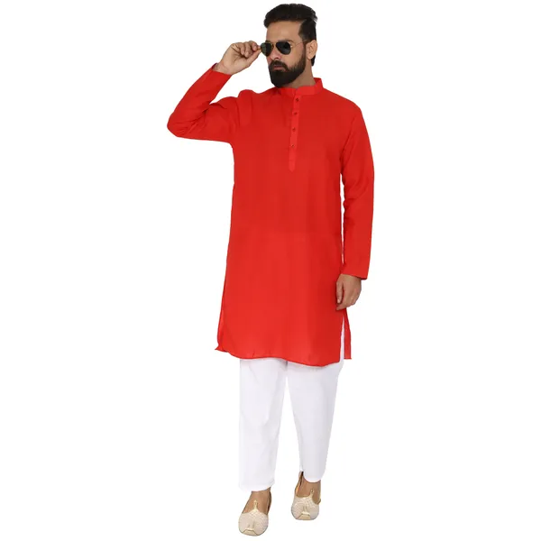 Red_Cotton_Kurta_With_Pyjama_Set_For_Men