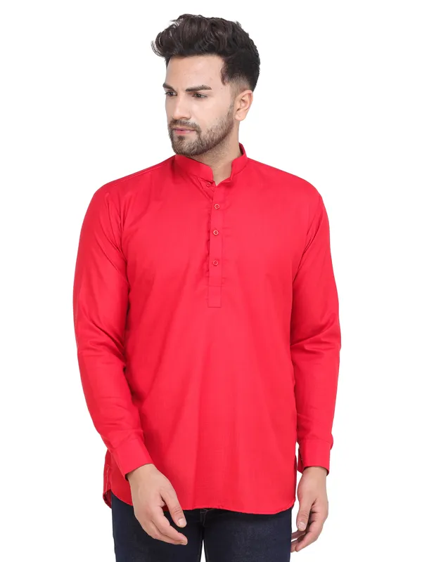 Red_Casual_Cotton_Short_Kurta_For_Men
