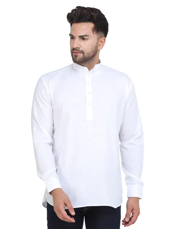 White_Casual_Cotton_Short_Kurta_For_Men