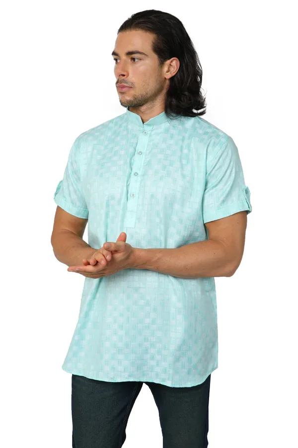 Green_Casual_Cotton_Check_Half_Sleeve_Short_Kurta_For_Men