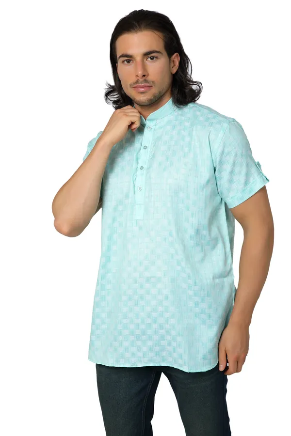 Green_Casual_Cotton_Check_Half_Sleeve_Short_Kurta_For_Men