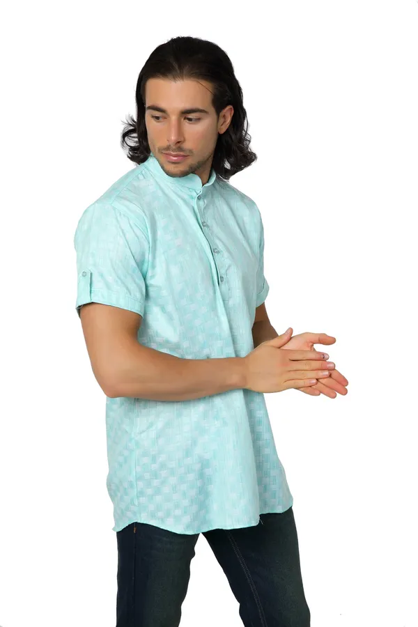 Green_Casual_Cotton_Check_Half_Sleeve_Short_Kurta_For_Men