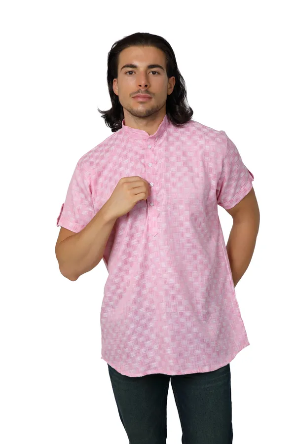 Pink_Casual_Cotton_Check_Half_Sleeve_Short_Kurta_For_Men
