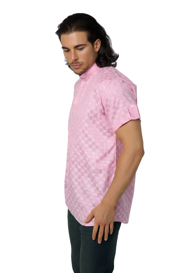 Pink_Casual_Cotton_Check_Half_Sleeve_Short_Kurta_For_Men