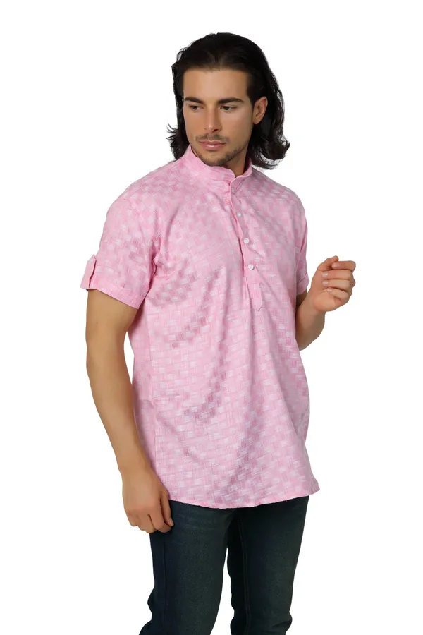 Pink_Casual_Cotton_Check_Half_Sleeve_Short_Kurta_For_Men