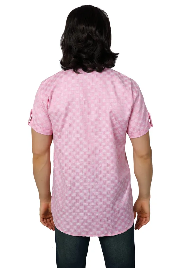 Pink_Casual_Cotton_Check_Half_Sleeve_Short_Kurta_For_Men