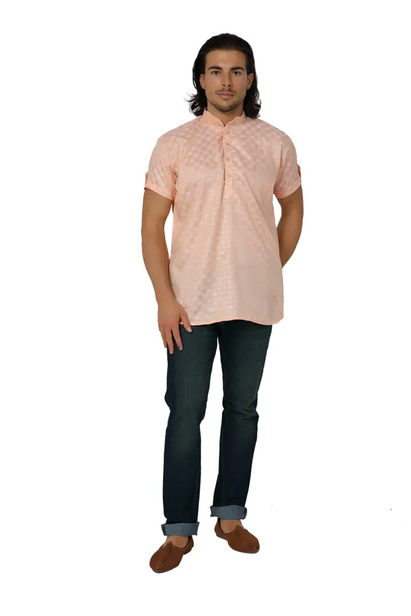 Orange_Casual_Cotton_Check_Half_Sleeve_Short_Kurta_For_Men