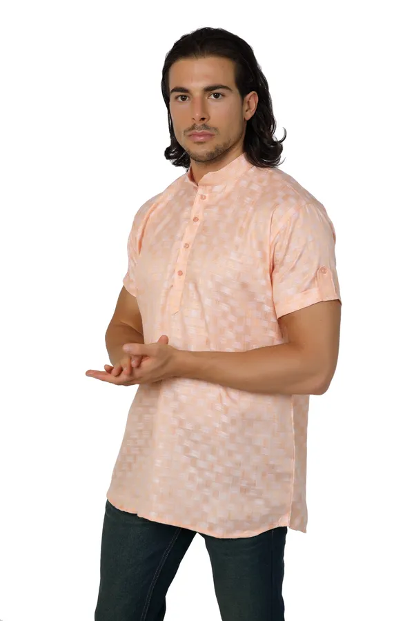 Orange_Casual_Cotton_Check_Half_Sleeve_Short_Kurta_For_Men