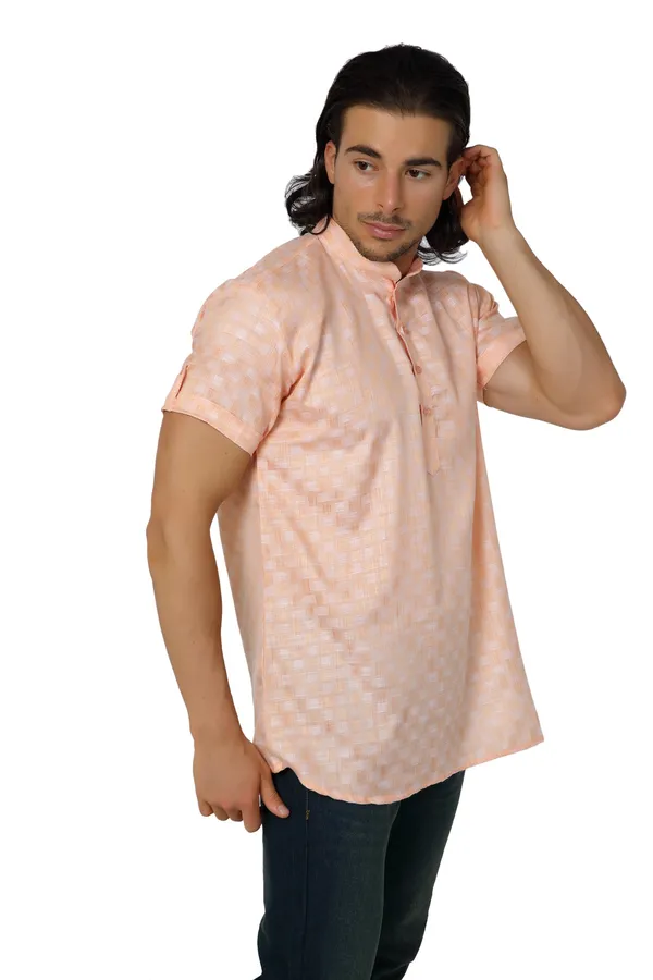 Orange_Casual_Cotton_Check_Half_Sleeve_Short_Kurta_For_Men