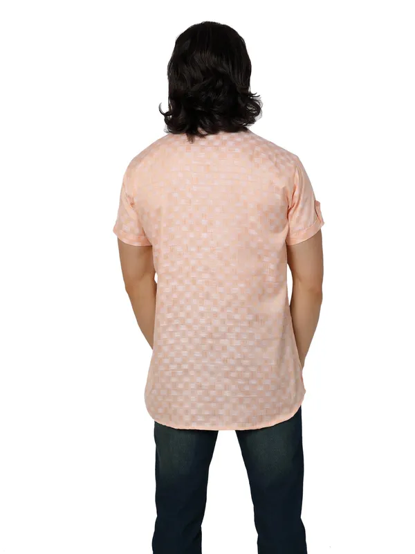 Orange_Casual_Cotton_Check_Half_Sleeve_Short_Kurta_For_Men
