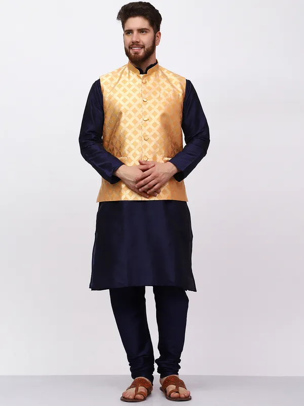 Navy_Blue_Banarasi_Dupion_Kurta_With_Box_Jacket_Set_For_Men