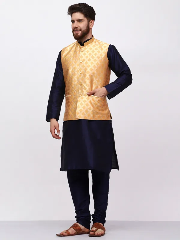 Navy_Blue_Banarasi_Dupion_Kurta_With_Box_Jacket_Set_For_Men