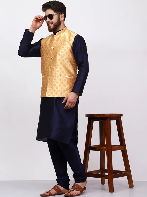 Navy_Blue_Banarasi_Dupion_Kurta_With_Box_Jacket_Set_For_Men