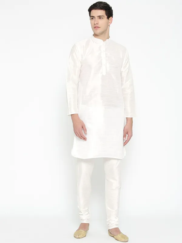 White_Banarasi_Dupion_Kurta_With_Churidar_And_Waistcoat_Set_For_Men