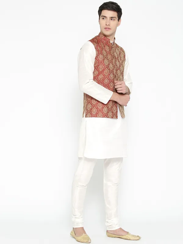 White_Banarasi_Dupion_Kurta_With_Churidar_And_Waistcoat_Set_For_Men