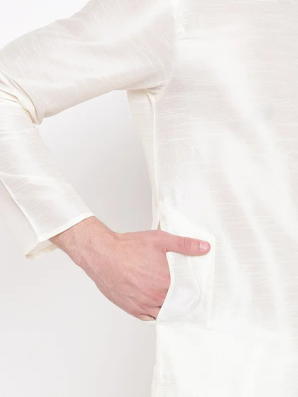 White_Banarasi_Dupion_Kurta_With_Churidar_And_Waistcoat_Set_For_Men