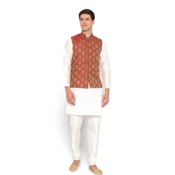 White_Banarasi_Dupion_Kurta_With_Churidar_And_Waistcoat_Set_For_Men