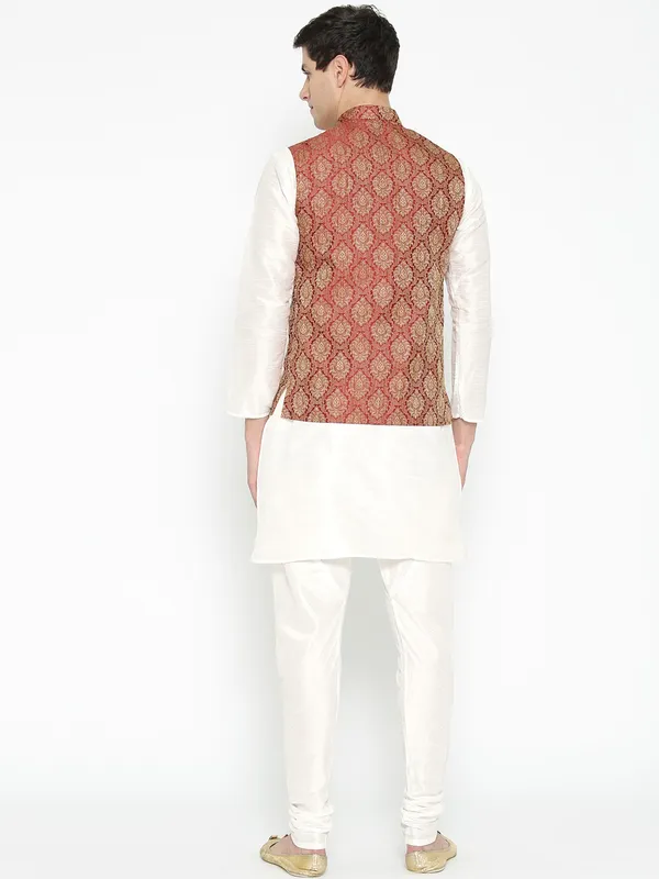 White_Banarasi_Dupion_Kurta_With_Churidar_And_Waistcoat_Set_For_Men