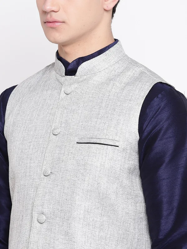 Blue_Banarasi_Dupion_Kurta_With_Churidar_And_Jute_Waistcoat_Set_For_Men