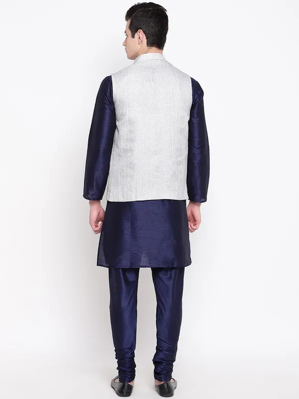 Blue_Banarasi_Dupion_Kurta_With_Churidar_And_Jute_Waistcoat_Set_For_Men
